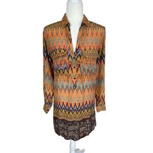 Tolani Silk Popover Tunic Shirt Dress Roll Tab Sleeves Size XS Boho Vibrant Chic